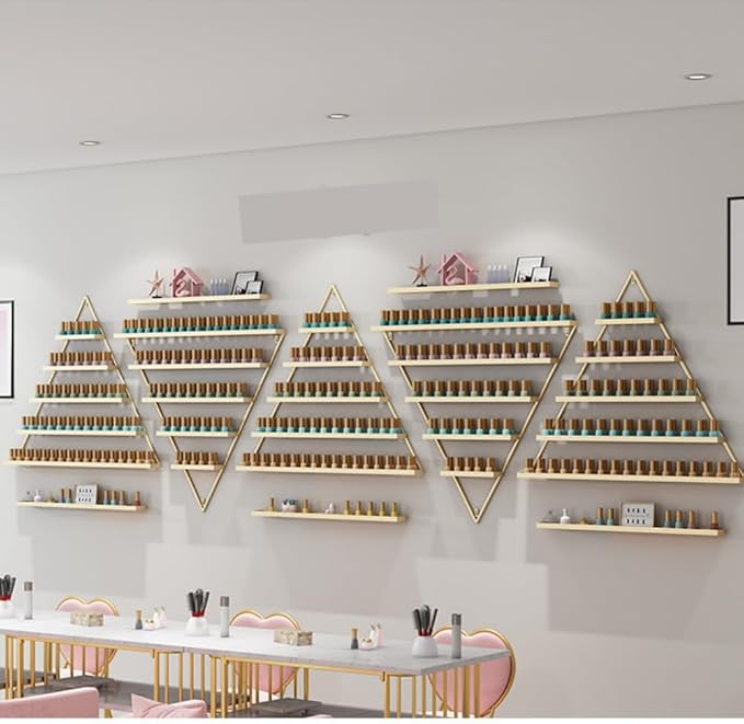Elegant Wall Mounted Nail Polish Storage Rack Set of 10 Triangular Cosmetic Display Shelves for Essential Oil Bottles, Organize Your Lipsticks and Perfumes in Style at Home or Salon (Gold)