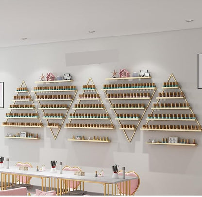 Elegant Wall Mounted Nail Polish Storage Rack Set of 10 Triangular Cosmetic Display Shelves for Essential Oil Bottles, Organize Your Lipsticks and Perfumes in Style at Home or Salon (Gold)