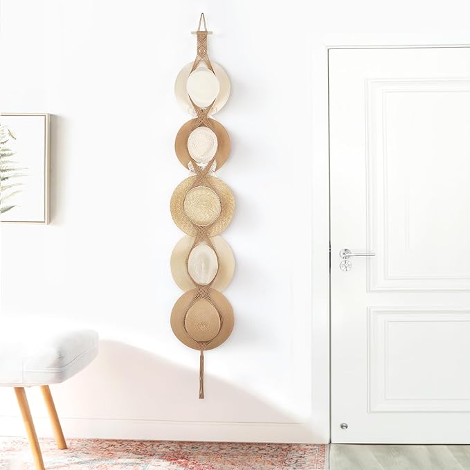 Dahey Macrame Hat Hangers Hat Rack for Wall Cowboy Hat Organizer Hanging Display Hand Weaving Bobo Hat Holder Western Decor for Wide Brim Hats Bowler Fedora Hats, 5 Hat Style Brown