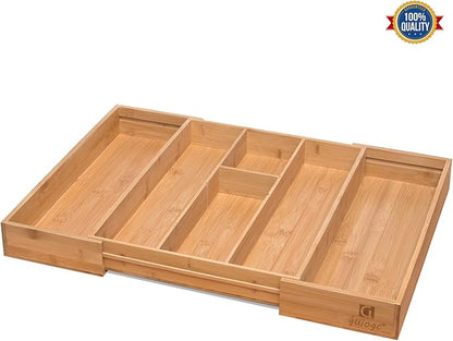 guiogc Bamboo Silverware Organizer, Expandable Kitchen Drawer Organizer and Utensil Organizer, Cutlery Tray with Drawer Dividers for Kitchen Utensils and Flatware, Bedroom, Living Room (Natural)