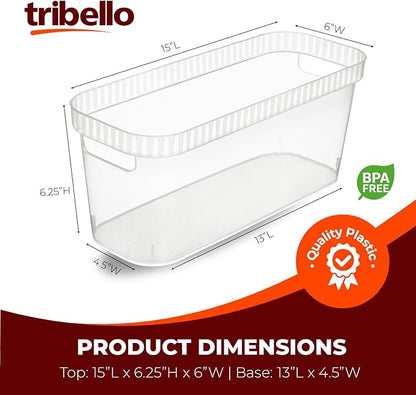 Tribello Narrow Storage Bins – Slim, Clear Plastic Storage Basket, Clear Organizer for Tight Spaces (2 Pack, 15” x 6” x 6”)