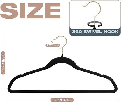 50 Pack Black Velvet Hangers,Coat Hanger Non Slip,Heavy-Duty,Space Saving,Slim Clothes Hangers for Pants,Outfit,Suits,Skirts,Coats,Dresses ect.Felt Hanger with Gold 360°Swivel Hook
