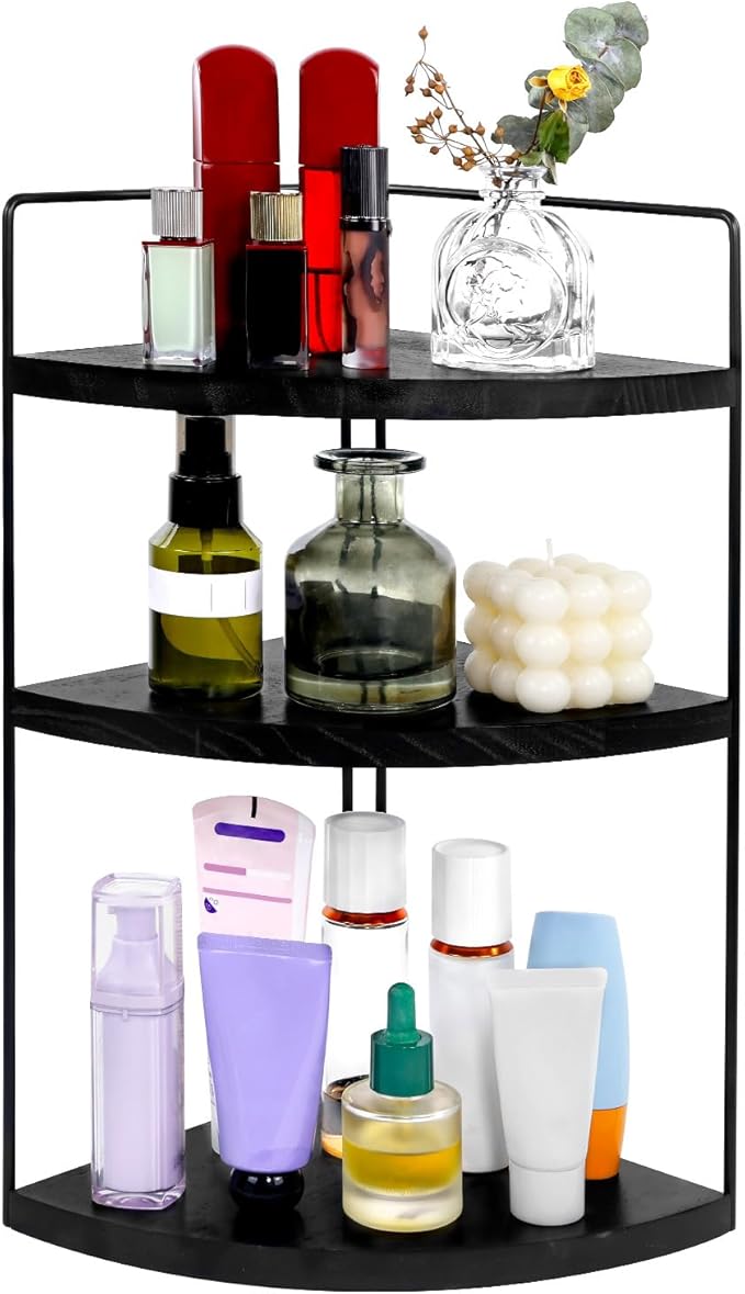 Corner Bathroom Counter Organizer Countertop Black, 3-Tier Corner Shelf Wood Vanity Tray Easy Assembly Space Saving Shelf for Kitchen, Bathroom, Dresser, Makeup, Office