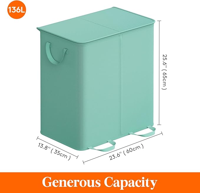 Lifewit Double Laundry Hamper with Lid and Removable Laundry Bags, Large Collapsible 2 Dividers Dirty Clothes Basket with Handles for Bedroom Laundry Room Closet Bathroom College, 136L Sage Green