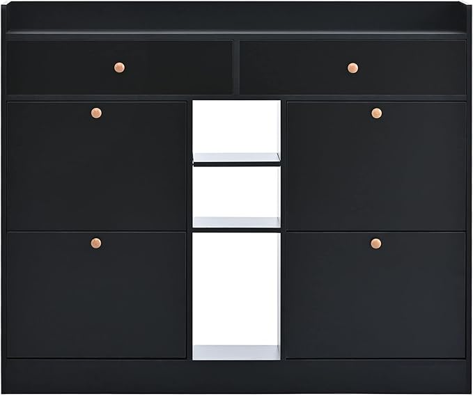 JIVOIT 2-Tier Shoe Storage Organizer, Modern Wooden Shoe Cabinet with 4 Flip Drawers, Multifunctional Free Standing Shoe Rack for Entrance Hallway Small Spaces (Black+4 Flip Drawers)