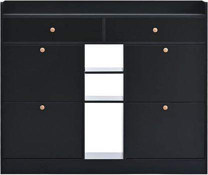 JIVOIT 2-Tier Shoe Storage Organizer, Modern Wooden Shoe Cabinet with 4 Flip Drawers, Multifunctional Free Standing Shoe Rack for Entrance Hallway Small Spaces (Black+4 Flip Drawers)