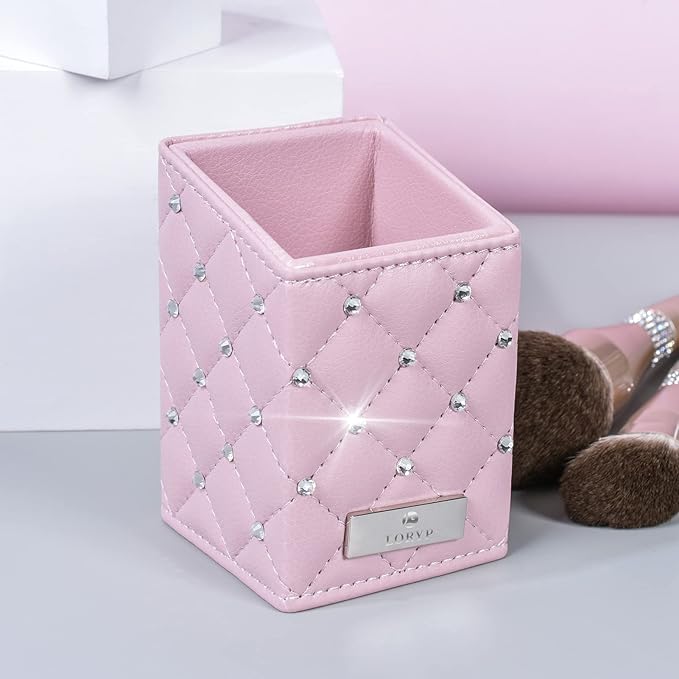 LORYP Makeup Brush Holder Crystal Brushes Cup Pink PU Make up Brush Case Bag Storage for Women