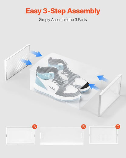 VEVOR Shoe Storage Boxes, 12 Pack Stackable Shoe Boxes Storage Organizers, Fit up to US Size 11, Plastic Modular Space Saving Sneaker Containers for Storing High Heels, Boots, and Hats, White Frame