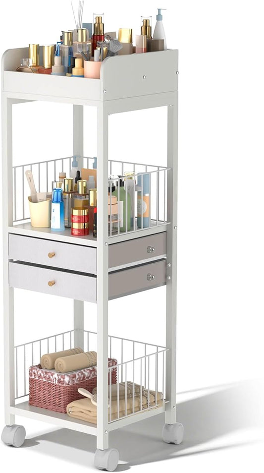 Makeup Organizer Storage Cart, Rolling Floor Skincare Organizer with 2 Drawers, Makeup Vanity Organizer Cosmetics Display Cases Holder for Skin Care, Perfume, Makeup Brush, Nail Polish, Hair Tools