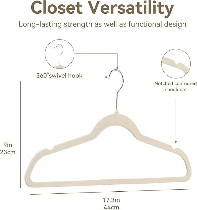Premium Velvet Hangers 50 Pack, Non-Slip Suit Clothes Hangers, 360 Degree Swivel Hooks and Slim Profile to Maximize Closet Space Beige/Silver