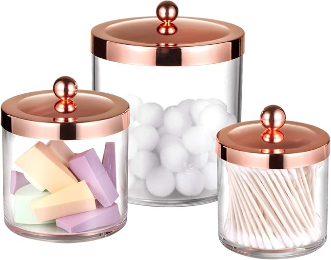 SheeChung 3-Pack Plastic Apothecary Jars with Rose Gold Metal Lids - Large 50oz, 25oz & 15oz Acrylic Storage Set - Shatterproof Laundry Room & Bathroom Organizer - Modern Minimalist Chic Decor