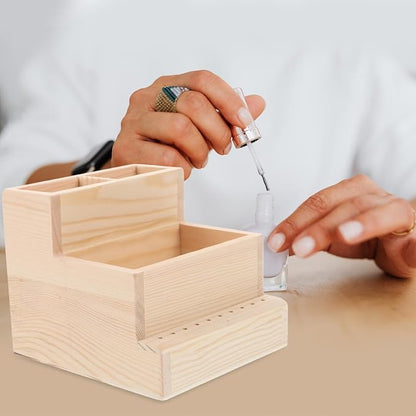 Healeved Nail Polish Storage Organizer Box - Large Wooden Beauty Tool Storage Box with Compartments for Manicure Drill Bits and Accessories - Compact 4.53X4.72X3.94 Inch Case for Home and Salon
