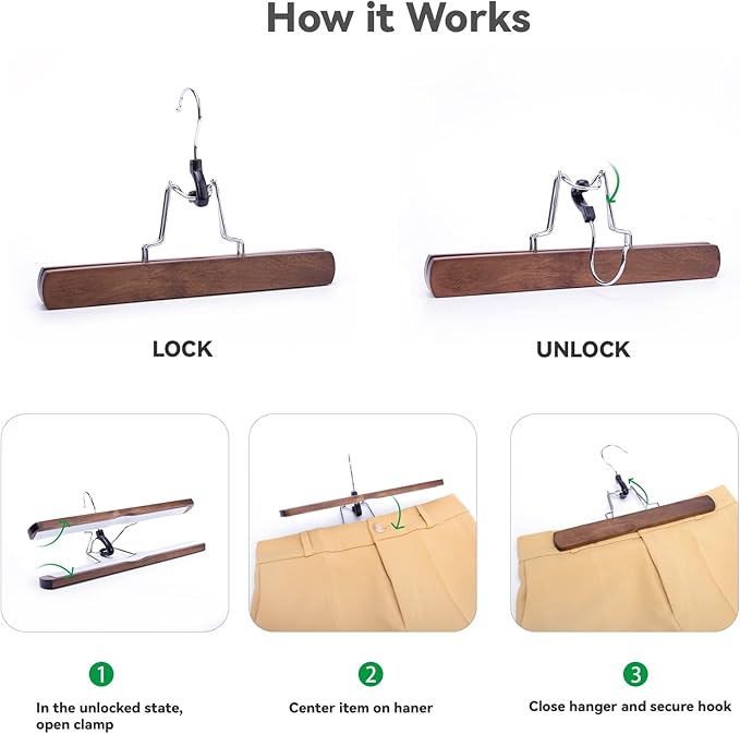 Nature Smile Wooden Pants Hangers Non Slip Smooth Finish Solid Wood Clamp Skirt Hanger Hair Extension Hangers with 360° Swivel Hook (20Pcs, Retro)