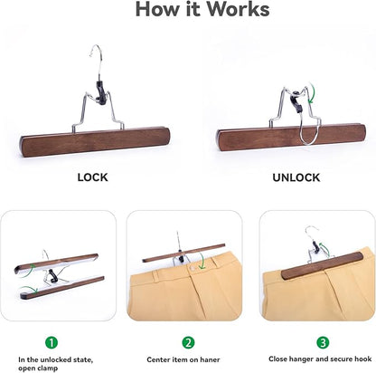 Nature Smile Wooden Pants Hangers Non Slip Smooth Finish Solid Wood Clamp Skirt Hanger Hair Extension Hangers with 360° Swivel Hook (20Pcs, Retro)