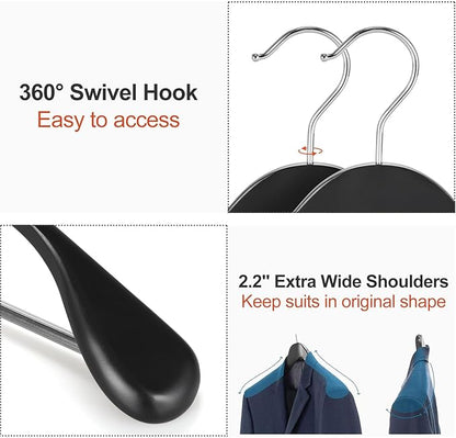 TOPIA HANGER Wide Shoulder Wooden Hangers, Suit Hangers with Non Slip Pants Bar & 360° Swivel Hook, Solid Wood Heavy Duty Coat Hanger, 6 Pack (Matte Black)-CT02B
