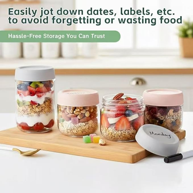 2 Pack Glass Overnight Oats Containers with Lids,Stackable Wide Mouth Mason Glass Jars with Airtight Seal Lids,Food Storage Jars for Meal Prep,Yogurt Parfaits,Meal Prep,Pudding,Spices (16 Oz)