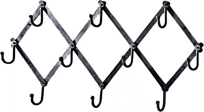 Kings County Tools Accordion Wall Hanger - Forged Iron Hat Rack with 10 Hooks for Hats, Coats, and Bags - Expandable Coat Rack - Wall Organizer for Bedroom, Entryway, or Mudroom (Black)
