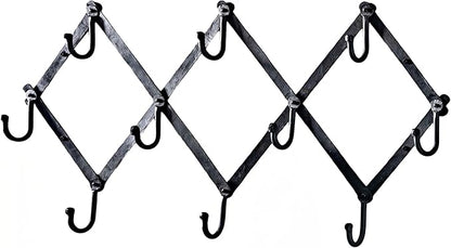 Kings County Tools Accordion Wall Hanger - Forged Iron Hat Rack with 10 Hooks for Hats, Coats, and Bags - Expandable Coat Rack - Wall Organizer for Bedroom, Entryway, or Mudroom (Black)