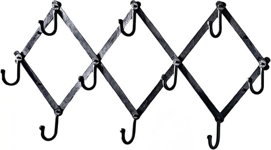 Kings County Tools Accordion Wall Hanger - Forged Iron Hat Rack with 10 Hooks for Hats, Coats, and Bags - Expandable Coat Rack - Wall Organizer for Bedroom, Entryway, or Mudroom (Black)