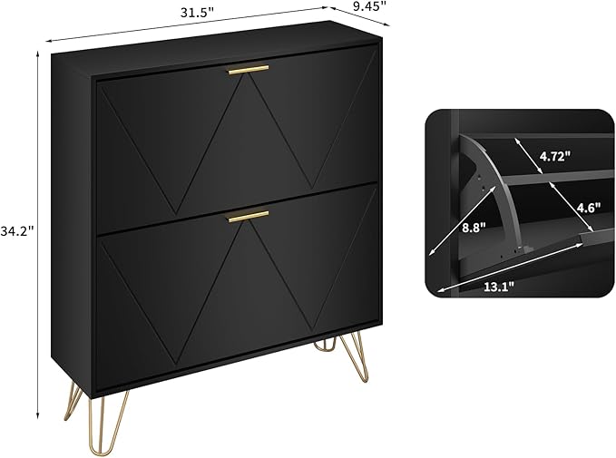 JOZZBY Black Shoe Cabinet for Entryway, Narrow Shoe Storage Cabinet with 2 Flip Drawers, Hidden Shoe Rack for Hallway, Living Room