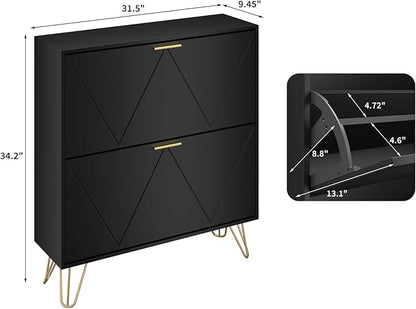 JOZZBY Black Shoe Cabinet for Entryway, Narrow Shoe Storage Cabinet with 2 Flip Drawers, Hidden Shoe Rack for Hallway, Living Room