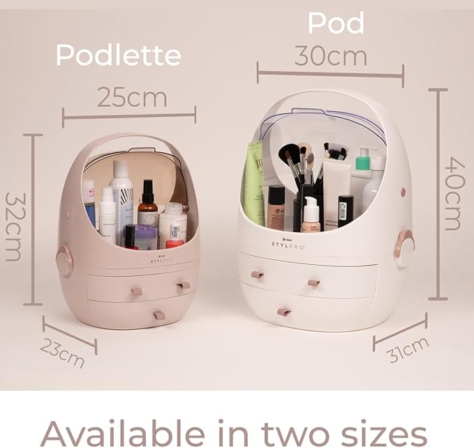 STYLPRO Beauty Storage Pod, Cosmetics & Skincare Organiser with 3 Drawers, Detachable Lid, Dustproof Cover & Travel Handle for Dresser, Bedroom, Bathroom & Home Organisation