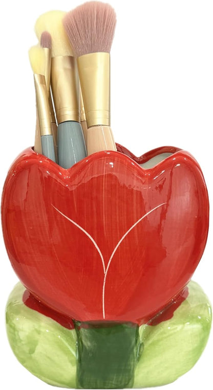 TANG SONG Ceramic Tulip Make up Brush Holder Flower Cosmetic Storage Box Pen and Pencil Holder Desktop Organizer (Red)