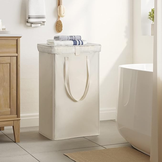 WOWLIVE 100L Laundry Hamper with Lid, Large Foldbale Laundry Basket with 2 Removable Bags and Handles, Tall Collapsible Dirty Clothes Hamper for Laundry Room, Bathroom, Dorm (Beige)