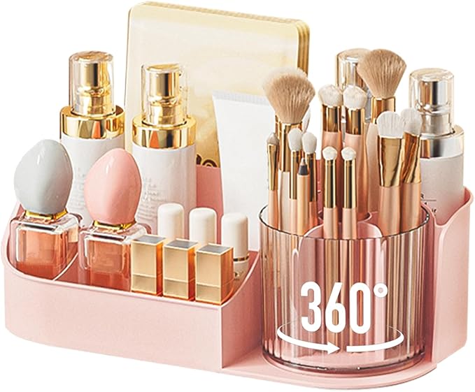 DASITON Large Capacity Makeup Organizer with 360° Rotating Makeup Brush Holder, Perfume and Skincare Storage Organizers for Vanity Bathroom Countertop, Cosmetic Display Case (Pink, 1 Tier)