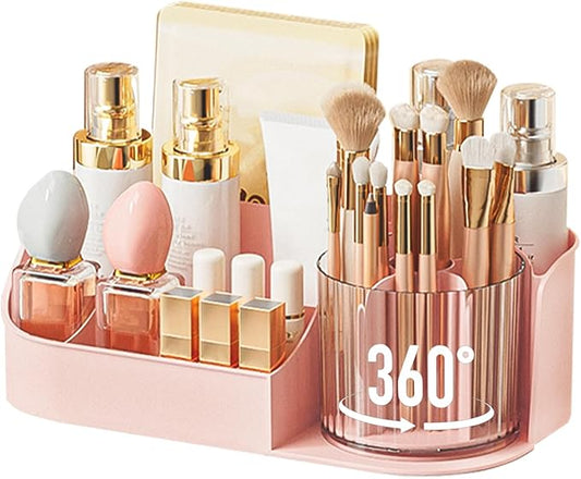 DASITON Large Capacity Makeup Organizer with 360° Rotating Makeup Brush Holder, Perfume and Skincare Storage Organizers for Vanity Bathroom Countertop, Cosmetic Display Case (Pink, 1 Tier)