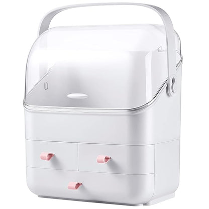 LINFIDITE Cosmetic Storage Box with Lid Makeup Organizer Box with Dust Free Cover Portable Handle,Large Makeup Display Case with Drawers Fully Open Lid,Great for Dresser Bathroom Countertop