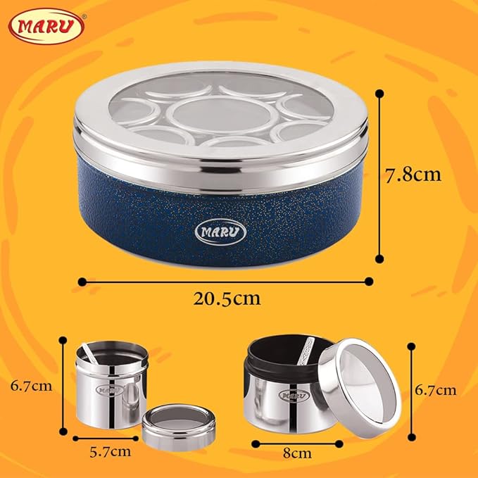 MARU Stainless Steel 8 in Masala Dabba - Authentic Indian Spice Box Set for Kitchen, Spice Rack Container Indian Masala Spice Boxes, See Through Lid 8 Containers, 3 Spoons (20.5Cms) (Blue)