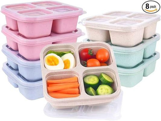 8 Pack Snack Box Container, 4 Compartments Bento Snack Containers for Organized Meal Prep, Reusable Divided Lunch Food Storage Containers for Work, Picnic– Microwave, Dishwasher, Freezer Safe