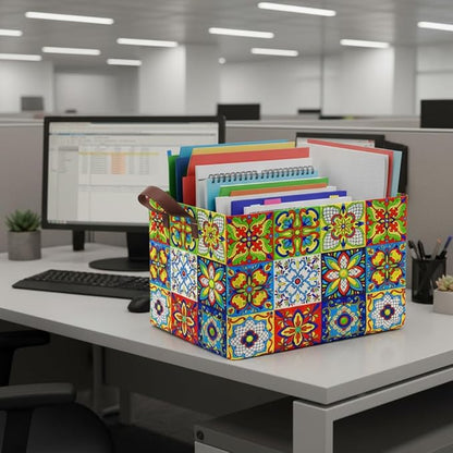 Mexican Talavera Decoration Storage Basket Waterproof Canvas Toy Storage Bin Collapsible Outdoor Basket with Leather Handles Mexican Talavera Decor Blanket Baskets For Closets,Bedrooms,Gifts Baskets