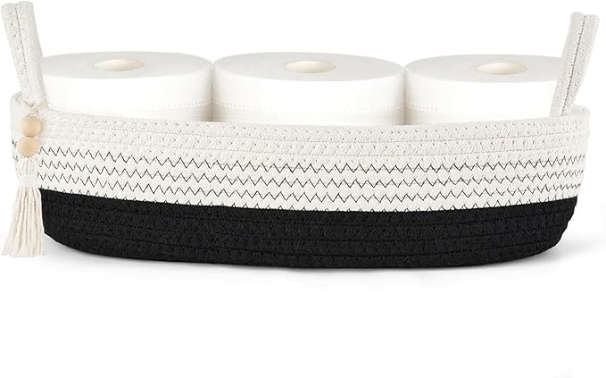 Mkono Small Storage Basket for Toilet Tank Top Boho Bathroom Decor Woven Rope Toilet Paper Tray Organizer for Shelf Bedroom Living Room, Black and White, 1 Pack, 15.7" L x 6" W