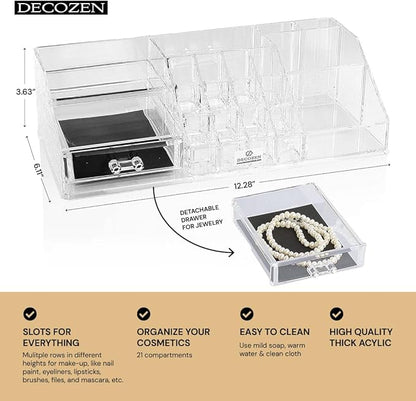 Decozen Makeup Organizer - Vanity Storage with Multiple Compartments and Drawers for Brushes, Lipsticks, Jewelry, Perfect for makeup organizer countertop, makeup holders and organizers, Gift for Mom
