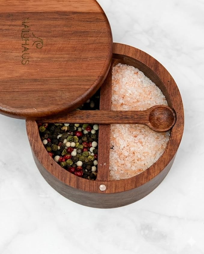 Acacia Wood Salt and Pepper Bowl Set with Swivel Magnetic Lid & Spoon Eco-Friendly Kitchen Countertop Organizer Moisture-Proof Storage for Sea Salt, Spices, Herbs Natural Wood