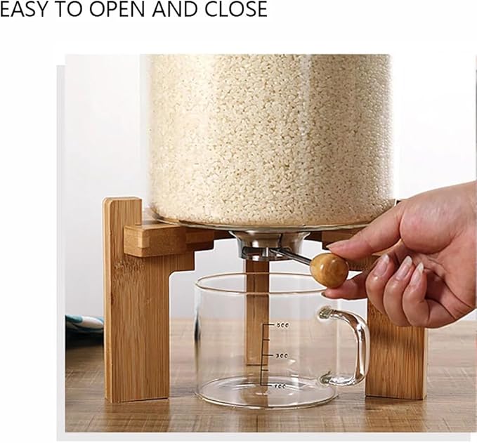 Rice Dispenser, Rice Storage Container, Glass Dry Food Storage Container with Bamboo Lid & Bottom Dispenser Valve, Kitchen Pantry Organizer for Rice, Cereal, Pet Food, Includes Measuring Cup (7.5L)