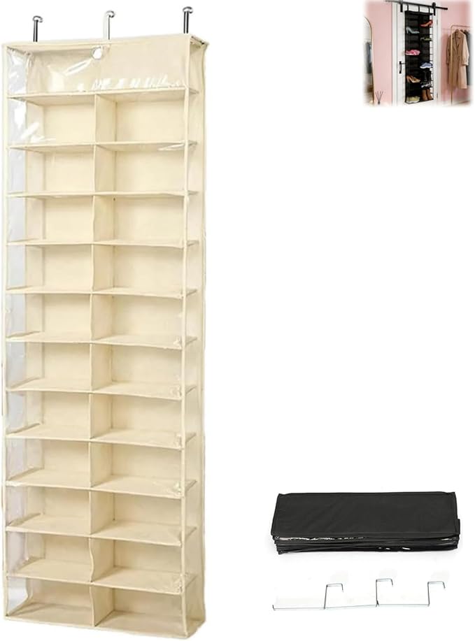Hoodie Sweatshirt Storage Hack, Door Hanging Shoe Rack Organizer, 26-Pocket Clear Holder, Large 63" x 22" Foldable Behind The Door Organizer (Beige 1PC)