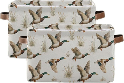 Mallard Ducks Reeds Square Baskets Storage Bins Foldable Fabric Organizer Bin Open Home Shelf Baskets