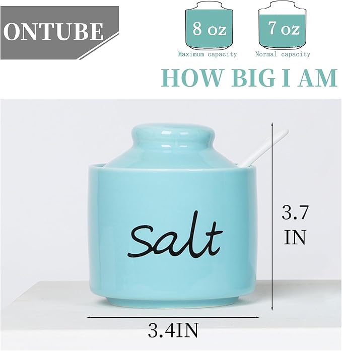 ONTUBE Farmhouse 8oz Salt Bowls with Lid and Spoon, Ceramics Condiment Pots, Seasoning Jar Spice Container for Kitchen, Dishwasher Safe (Turquoise)