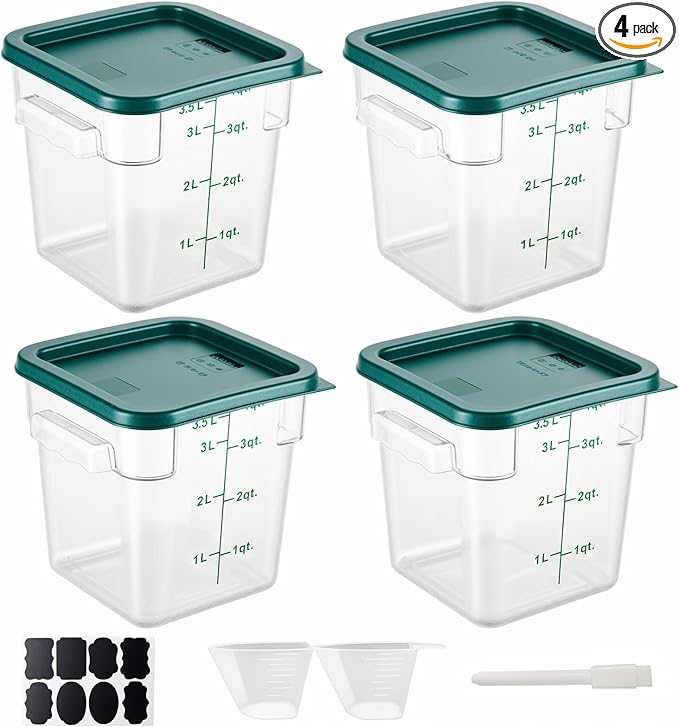 4 Pack 4QT Food Storage Containers with Green Lids, Clear Square Restaurant Commercial Food Storage Containers with Handle and Scale, Marinating Container Dough Rising Bucket for Home & Dining