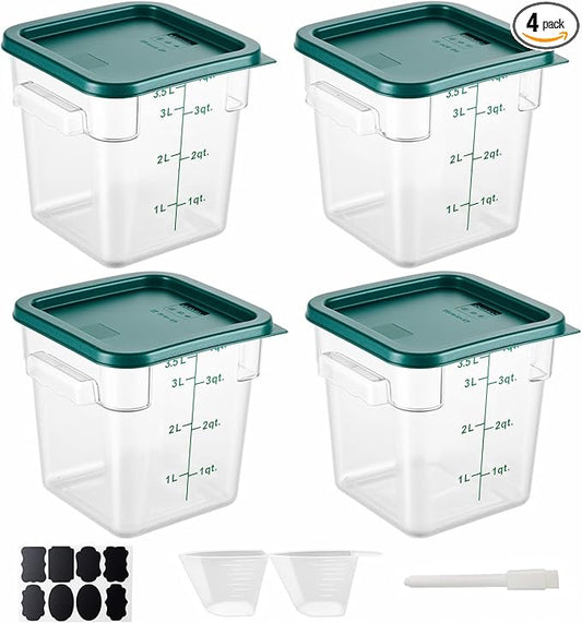4 Pack 4QT Food Storage Containers with Green Lids, Clear Square Restaurant Commercial Food Storage Containers with Handle and Scale, Marinating Container Dough Rising Bucket for Home & Dining