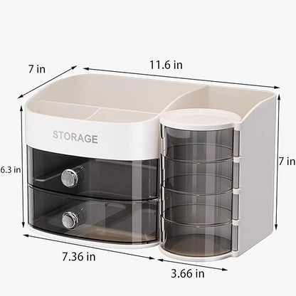Makeup Organizer Countertop with Drawers, Rotating Skincare & Cosmetic Organizer for Vanity, 4 Clear Swivel Drawers, Large Capacity Make Up Storage for Cosmetics, Brushes, Jewelry