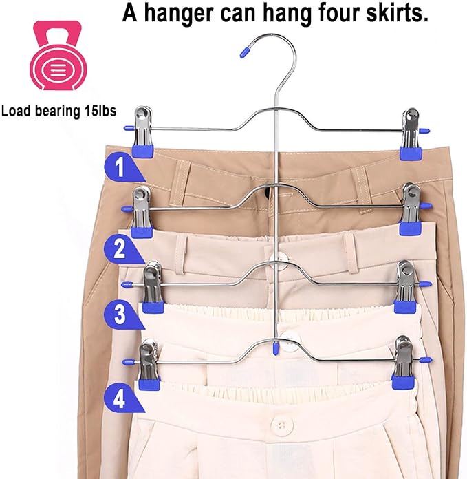 4 Tier Skirt Hangers Space Saving,Metal,Non Slip Closet Organizer and Storage Multi Clothes Shorts Hanger Organization Dorm Room Essentials (Pink+Purple 2Pack)