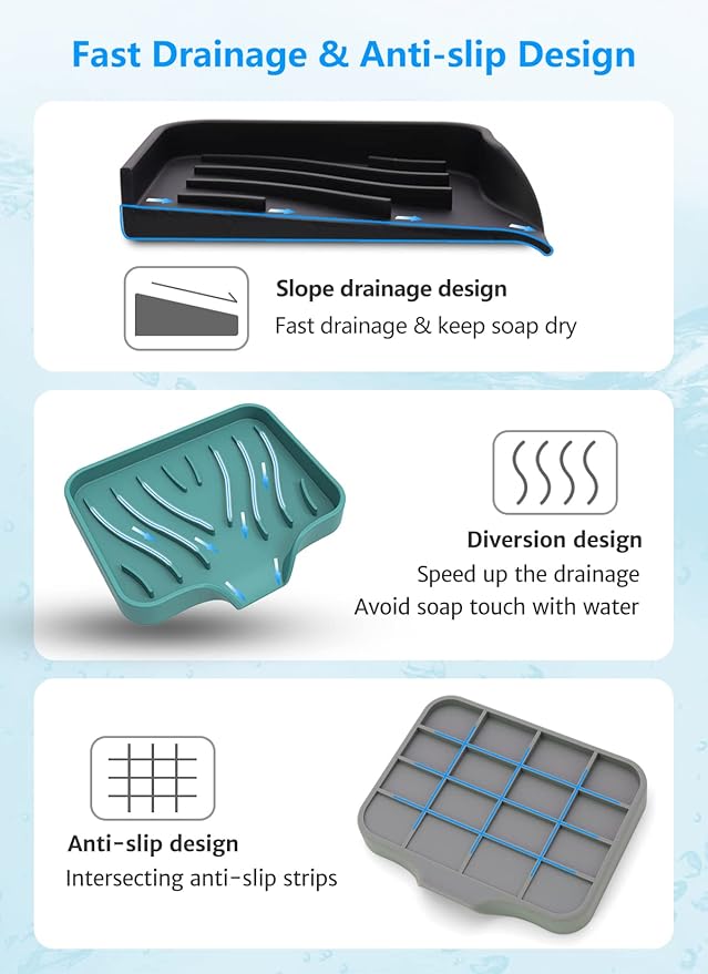 AIMAIAIMAI 3-Pack Silicone Soap Dish Set – Bar Soap Holder with Self-Draining Design, Easy-Clean Tray for Shower, Bathroom, Kitchen, and Tub
