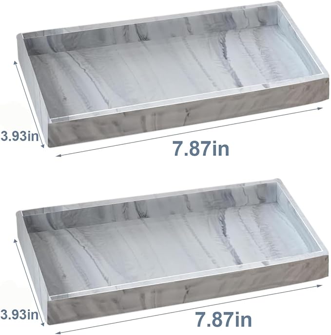 2PCS 7.87” L x 3.93” W Silicone Soap Dispenser Trays, Bathroom Sink Vanity Tray for Dresser Tops, Toilet, Tray for Scrubber, Lotion Bottles, Perfume, Jewelry, Candle, Key Trinket Ring-White Marble