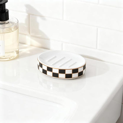 Ceramic Checkered Soap Dish,Black&White Soap Dish for Bathroom Sink, Bar Soap Holder for Bathroom Decorative Counter,Checkered Deco (Black)