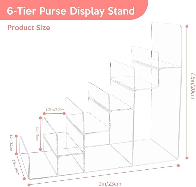 2PCS Acrylic Purse Display Stand,6-Tier Wallet Display Stand Purse Handbag Organizer Shelf,Clear Perfume Stand Jewelry Riser Rack,Acrylic Shelf for Cosmetic Perfume Jewelry Sunglasses Handbag