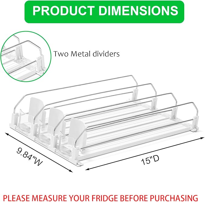 RULA Drink Organizer for Fridge, Width Adjustable Water Bottle Pusher Glide, Self-Pushing Soda Can Dispenser for Refrigerator - Holds up to 15 Cans (15" D, 3 Rows)